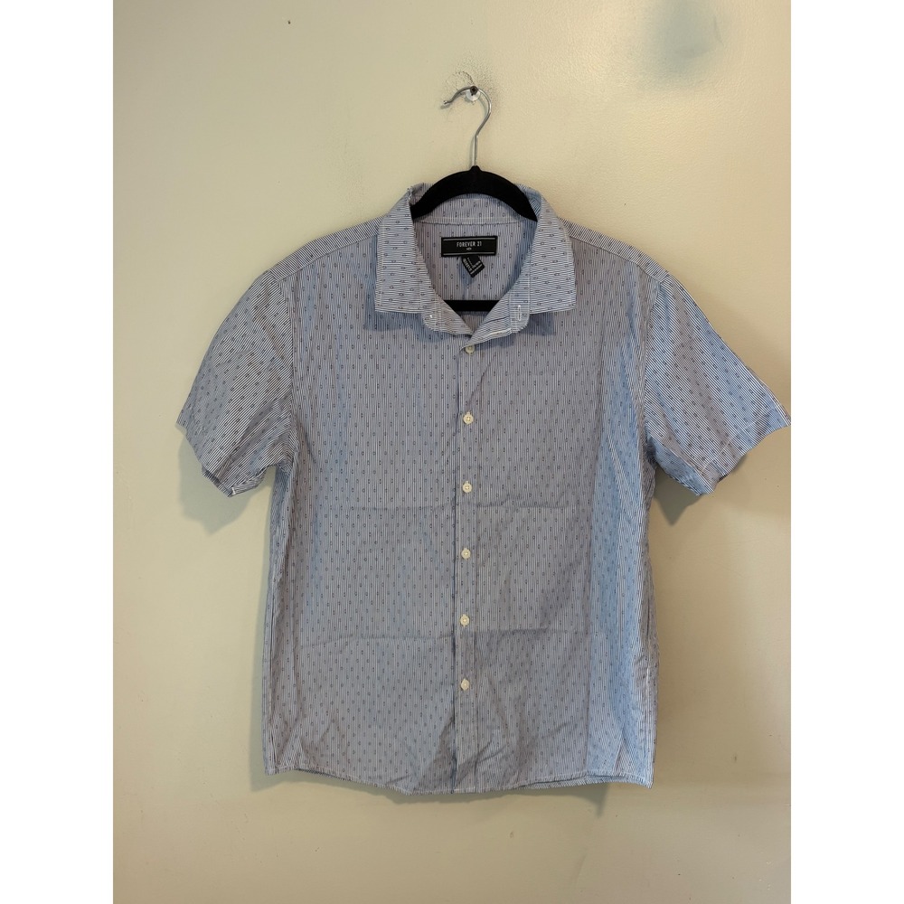 Forever 21 Men Blue White Striped Diamond Print Short Sleeve Button Down Shirt L